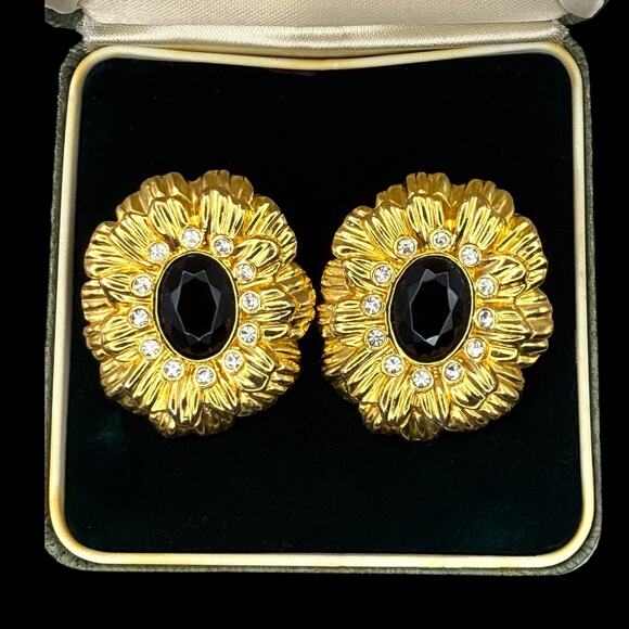Vintage Kenneth Jay Lane Avon Sunflower Earrings Clip Signed Black Gold KJL - Picture 2 of 10